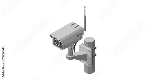 Surveillance camera with antenna mounted on a pole, monitoring the area