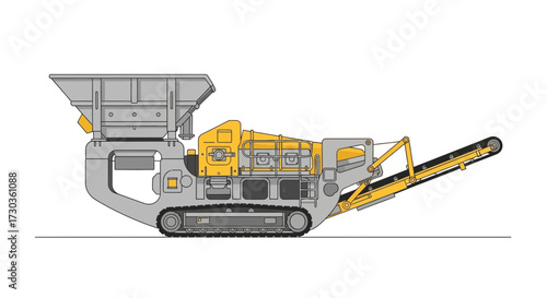 Vector illustration depicting mobile crushing plant on a white background