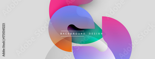 Abstract colorful shapes overlap, creating dynamic visual effect. Modern design elements suggest innovation, fluidity. Background features gradients, text.