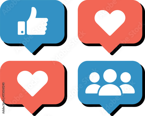Social media icons for likes, hearts, and community engagement