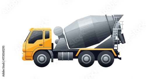 Vibrant yellow concrete mixer truck illustration on a clean white background
