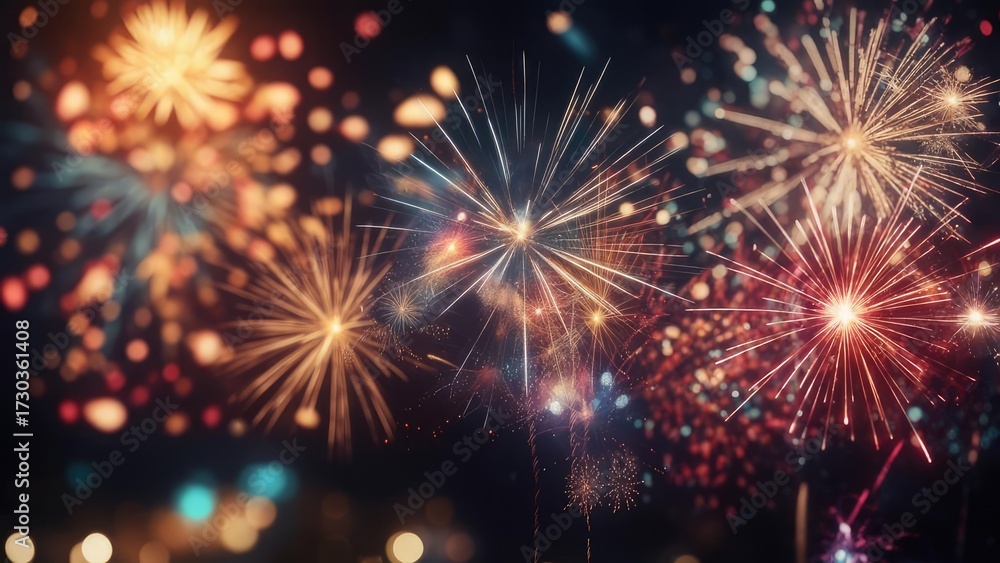 Naklejka premium Colorful fireworks explode in dark night sky