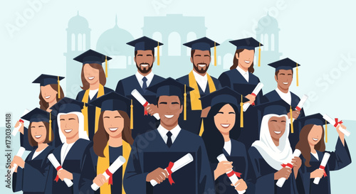 Group of diverse graduates in caps and gowns, holding diplomas, celebrating their achievement.