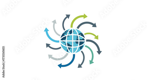 Global connections symbolized by a stylized world globe and outward pointing curved arrows
