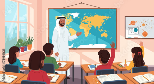 A teacher in traditional Arab dress instructs students in a classroom, pointing to a world map.