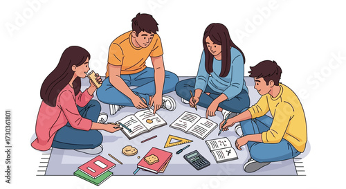Four students sit on a rug, studying together with books, snacks, and school supplies.