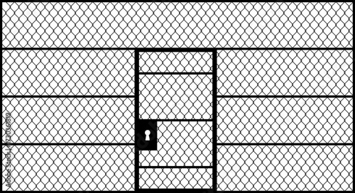 Metal wire fence with closed locked gate and padlock keyhole, black line vector illustration for security and protection concept.