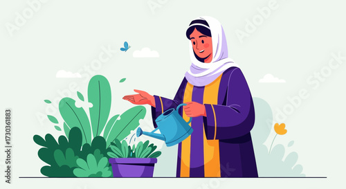 Woman wearing a hijab waters plants in a pot with a blue watering can, surrounded by greenery.