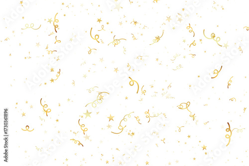 Shiny golden ribbon and star confetti falling on white background, perfect for party, celebration, and festive decorative design.