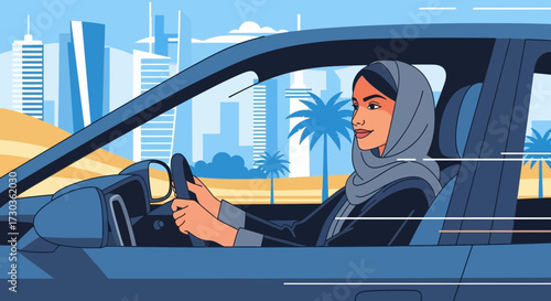 Woman driving a car in a city landscape, wearing a headscarf, with buildings and palm trees in the background.