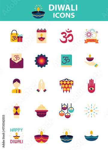 set of diwali icons, india traditional festival