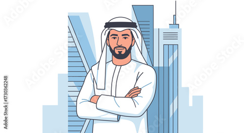 Illustration of a man in traditional Arabic clothing standing with arms crossed, against a backdrop of modern city buildings.