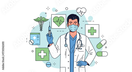 A medical professional holding a syringe, surrounded by healthcare symbols and icons.