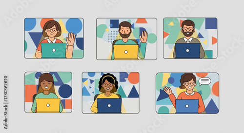 A diverse group of smiling professionals participates in a virtual online meeting, collaborating remotely from various locations using their laptops.