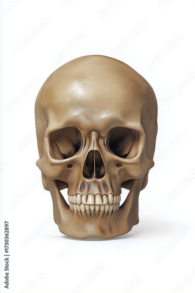 Fototapeta premium Realistic human skull illustration with detailed features, showcasing bone structure and texture on white background. image highlights anatomical accuracy and artistic rendering