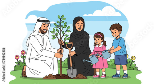 A family plants a tree together in a garden, promoting environmental awareness.