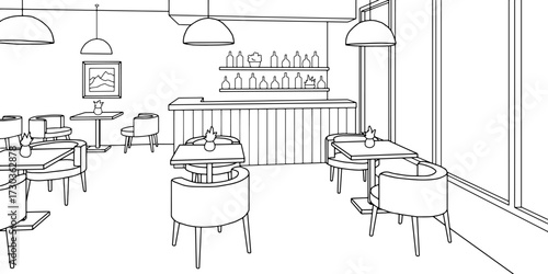 Cafe interior graphic black white sketch illustration vector 