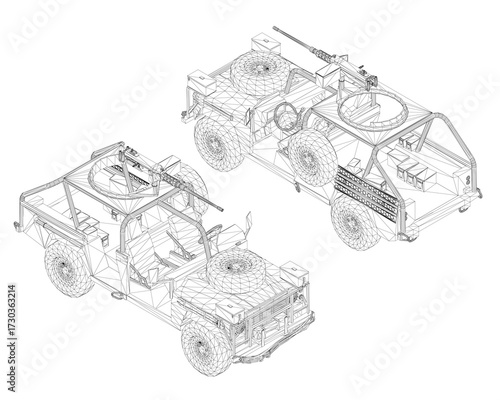 Military vehicle blueprint in 3D wireframe model, featuring a detailed gun turret on top. The technical illustration is isolated on a white background for clear presentation. Isometric view