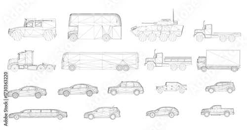 A set of low poly cars and trucks arranged in a grid pattern on a white background. Each vehicle features a unique wireframe design with thin, precise lines that create a distinct 3D effect. Side view