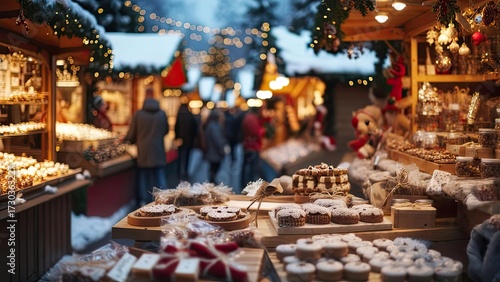 Festive Christmas market stalls, filled with treats
