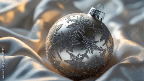 Silver Christmas ornament on soft fabric