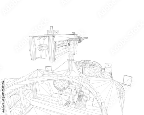 A black and white wireframe model of a military vehicle, featuring a detailed machine gun and intricate structural components. This 3D building model is realistically rendered on a plain white.