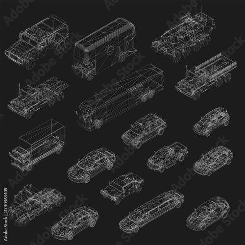 Wireframe car set featuring various 3D models arranged in a grid pattern on a black background. Each vehicle displays unique details like headlights, grilles, and wheels. Isometric view.