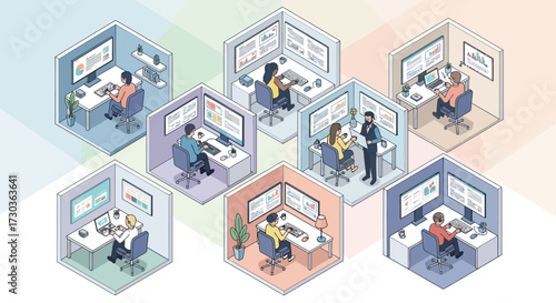 Diverse professionals are diligently working in their individual isometric office cubicles, showcasing a modern, collaborative, and productive business environment.