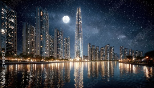 City skyline at night, illuminated skyscrapers, full moon