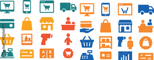 Online vs Offline Shopping Difference 16 Solid Color Icon Set Collection on White Background