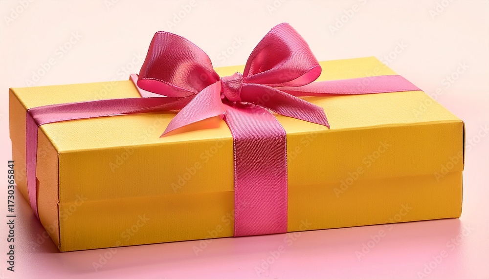 Obraz premium a yellow box with a pink bow on top