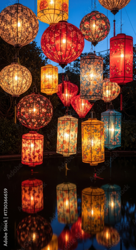Fototapeta premium Vibrant assortment of illuminated paper lanterns hanging in a festive outdoor setting