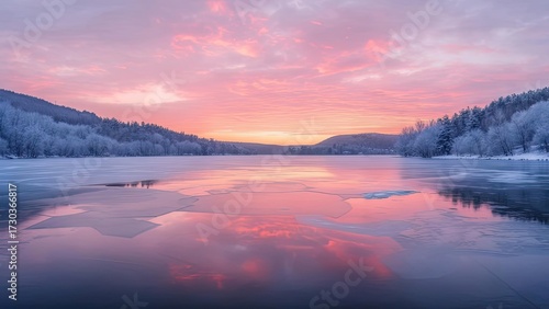 Wallpaper Mural Frozen lake at dawn, vibrant pink hues reflected Torontodigital.ca