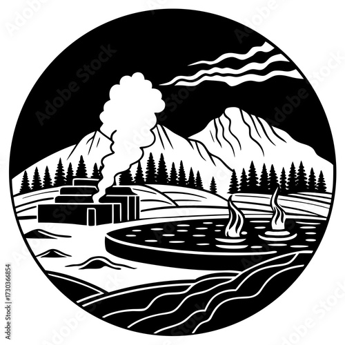 Geothermal Hot Springs in Winter with Steam Rising - Silhouettes