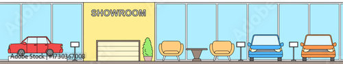 Car showroom graphic color store interior long sketch illustration vector 