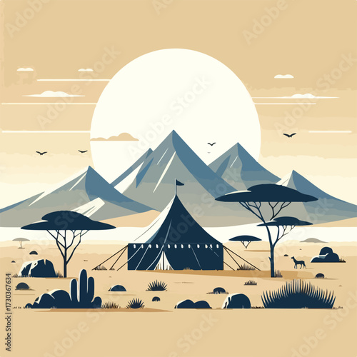 Safari tent in the middle of the savanna with a simple and minimalist flat design using a white background