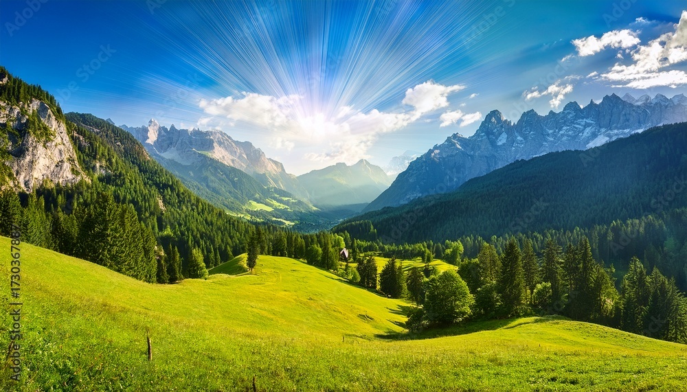 Fototapeta premium alpine mountain landscape with sun rays over green valley