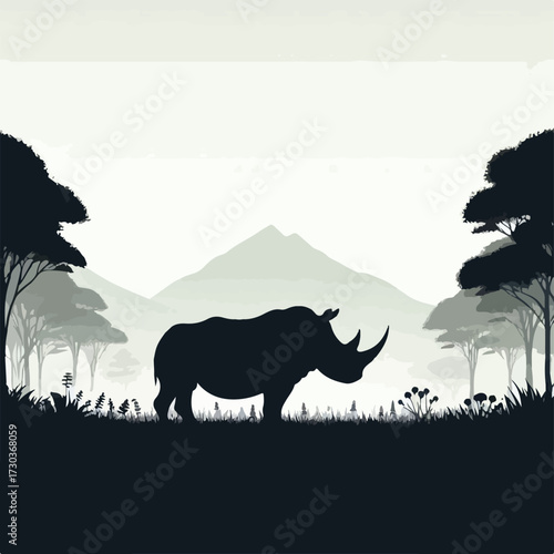 Silhouette of a rhinoceros in the grassland with a simple and minimalist flat design using a white background.