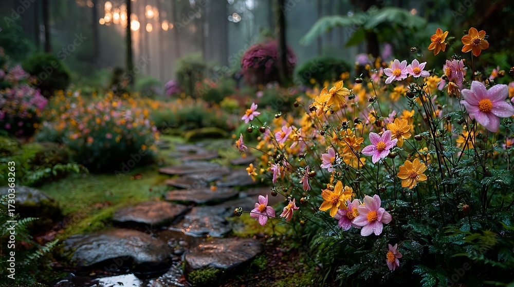 Fototapeta premium Radiant Wildflower Composition Flourishing in Botanical Garden – Immersive Visual for Sustainable Wellness and Digital Nature Branding