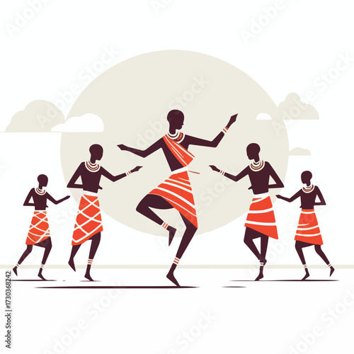 Maasai tribe dancing with a simple and minimalist flat design using a white background