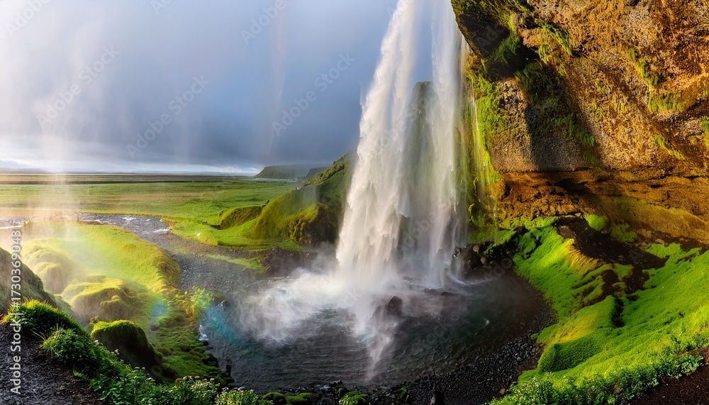 Fototapeta premium icelandic waterfall crashing into rocks rainbow in mist and moss covered cliffs