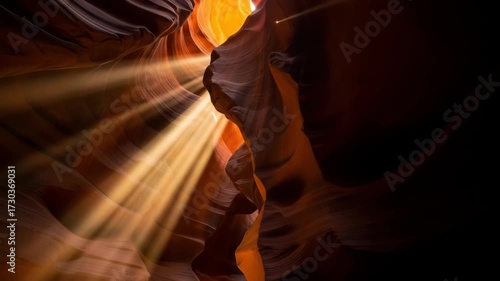 Spectacular Antelope Canyon light beams shine through sandstone cave, landscape, travel, sandstone formations, nature, and canyon scenery.