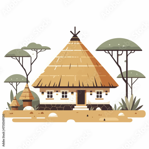 African village thatched house with a simple and minimalist flat design using a white background