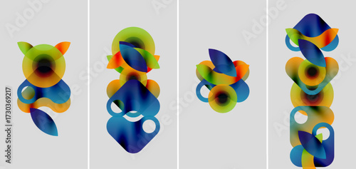Four panels display abstract colorful shapes. Overlapping circles create dynamic compositions, gradients shift hues. Modern design, vibrant visuals.