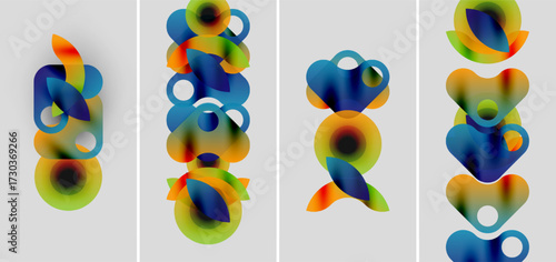 Abstract colorful shapes overlap, creating dynamic compositions. Four panels display variations, gradients blend smoothly. Modern design elements present visual harmony.