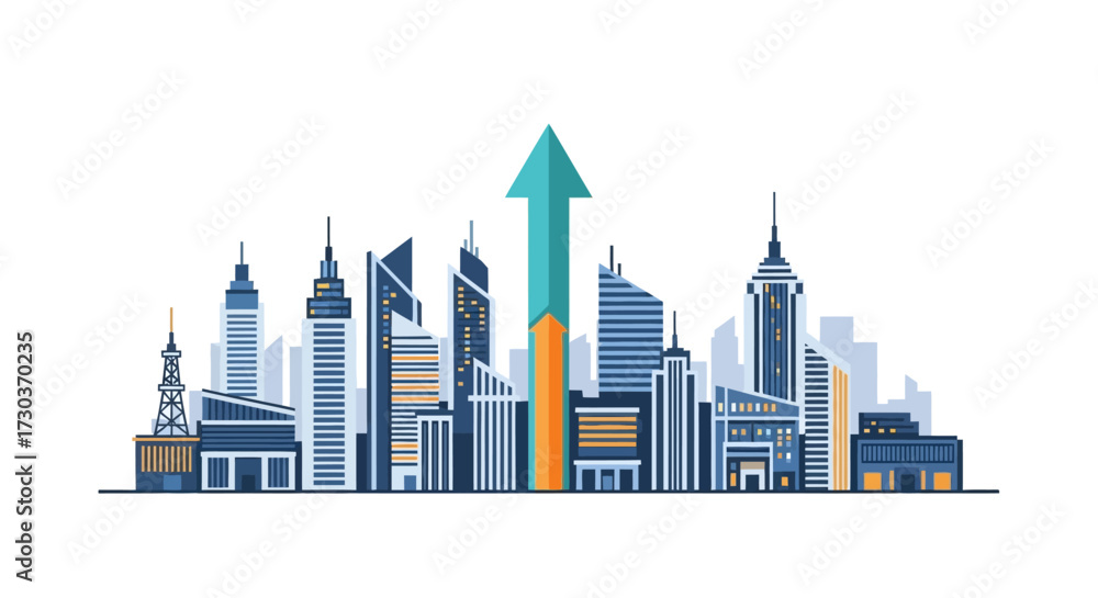 Fototapeta premium Modern Cityscape Illustration with Ascending Arrow Symbolizing Growth and Success