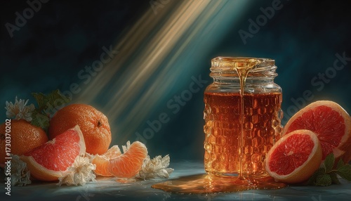 Golden syrup flows from a glass jar, amidst citrus fruits and white blossoms, bathed in dramatic light