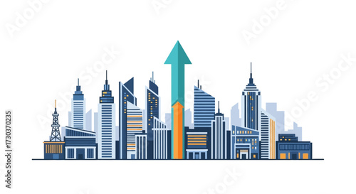 Modern Cityscape Illustration with Ascending Arrow Symbolizing Growth and Success