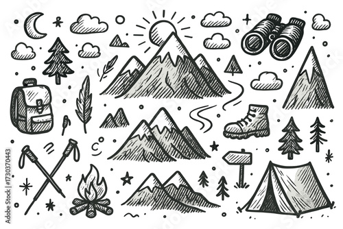Hand-drawn hiking and camping doodle art with mountains, tent, and nature elements