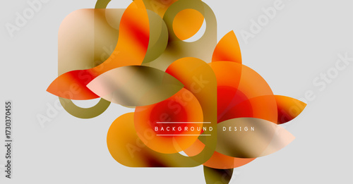 Abstract floral composition. Overlapping translucent shapes create dynamic visual effect. Warm colors dominate neutral background. Modern design element.